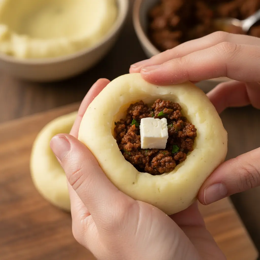 Manos formando una papa rellena con queso y picadillo de carne molida.