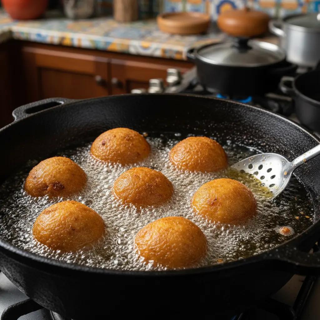 Papas rellenas cubanas doradas friéndose en aceite caliente en caldero.