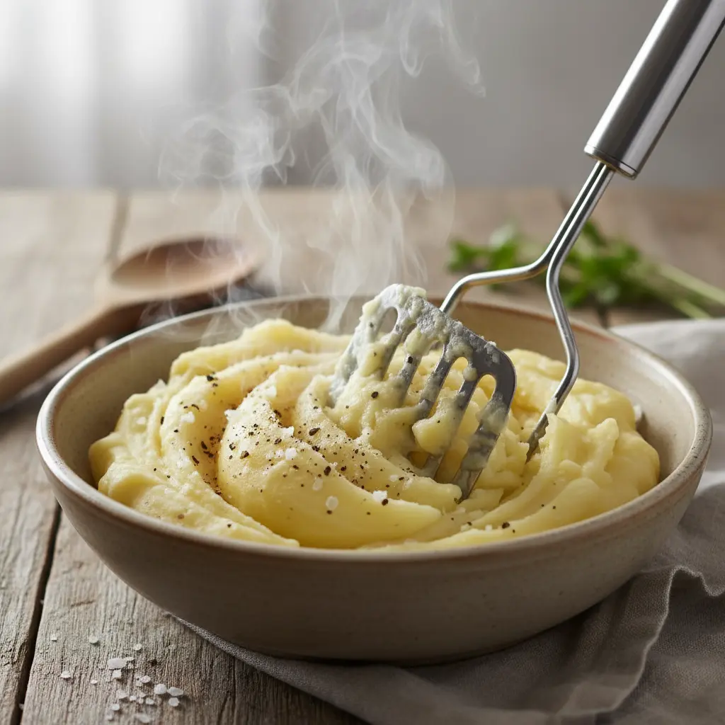 Patatas cocidas y peladas, calientes, siendo machacadas en un bol con vapor. Sal y pimienta.