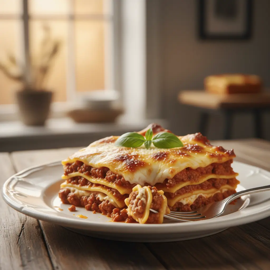 Lámina de lasaña dorada con capas de pasta, boloñesa y bechamel en plato rústico.