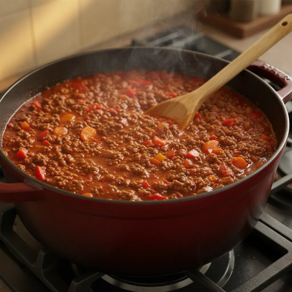 Salsa boloñesa de ternera burbujeante en olla, con carne, pimientos y zanahorias.