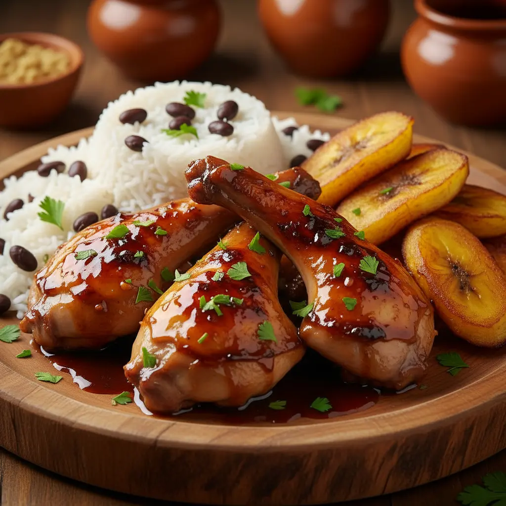 Conejo asado: plato tradicional con guarniciones Conejo asado en salsa con arroz, frijoles negros y plátanos fritos.