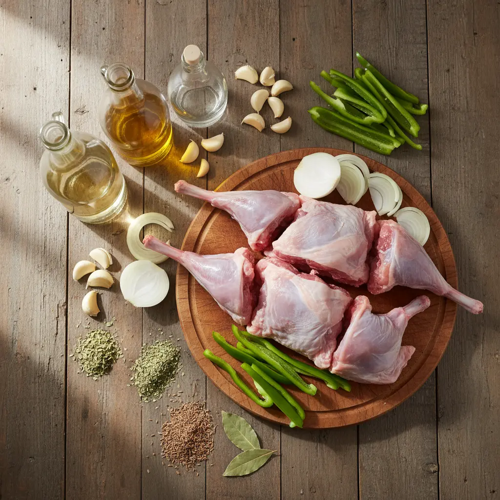 Ingredientes para Conejo Asado Cubano Ingredientes frescos para conejo asado cubano: conejo troceado, ajo, cebolla, pimiento, vino, aceite, vinagre y especias.