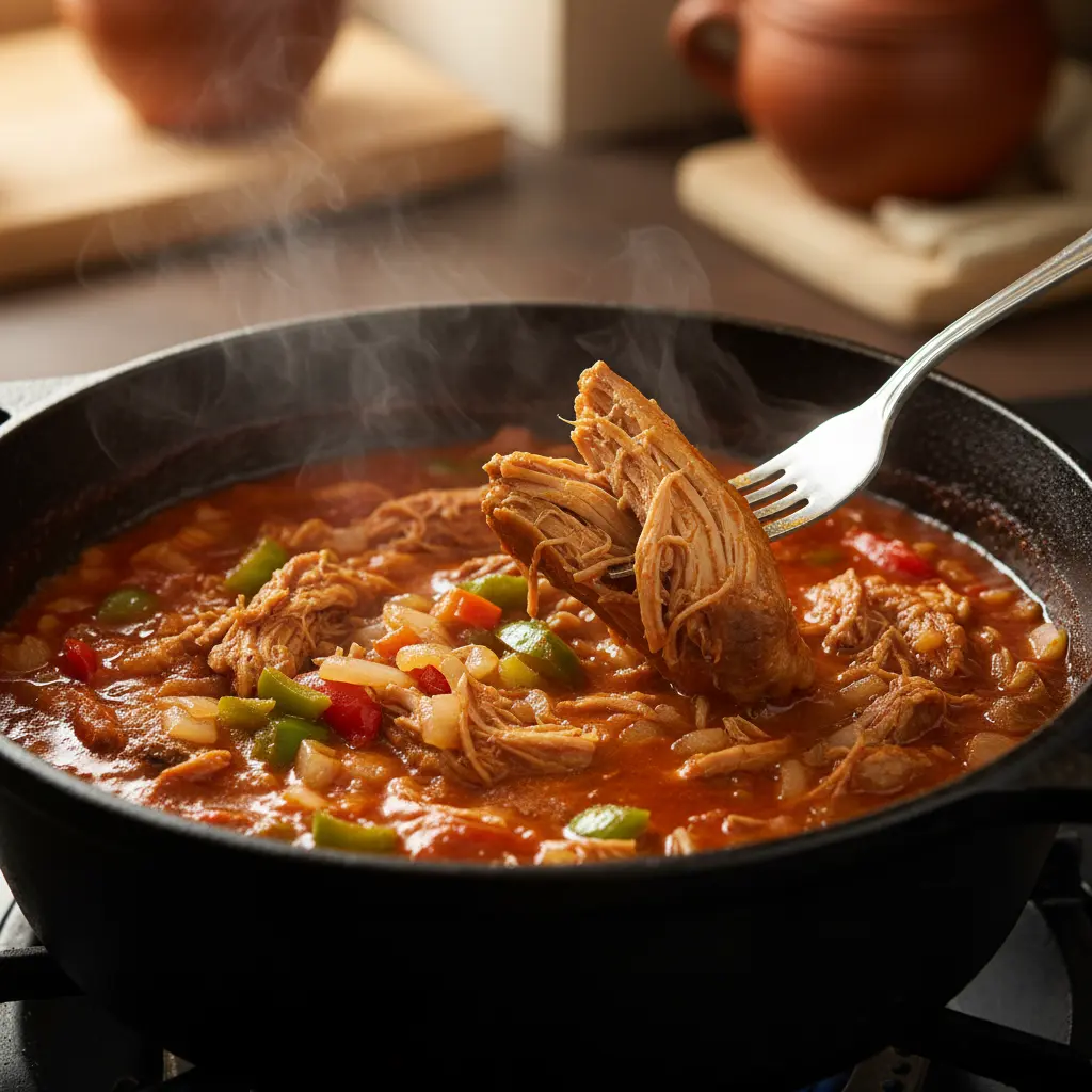 Estofado cubano de conejo casero Estofado cubano de conejo tierno en caldero, con salsa roja y verduras. Carne deshebrada.