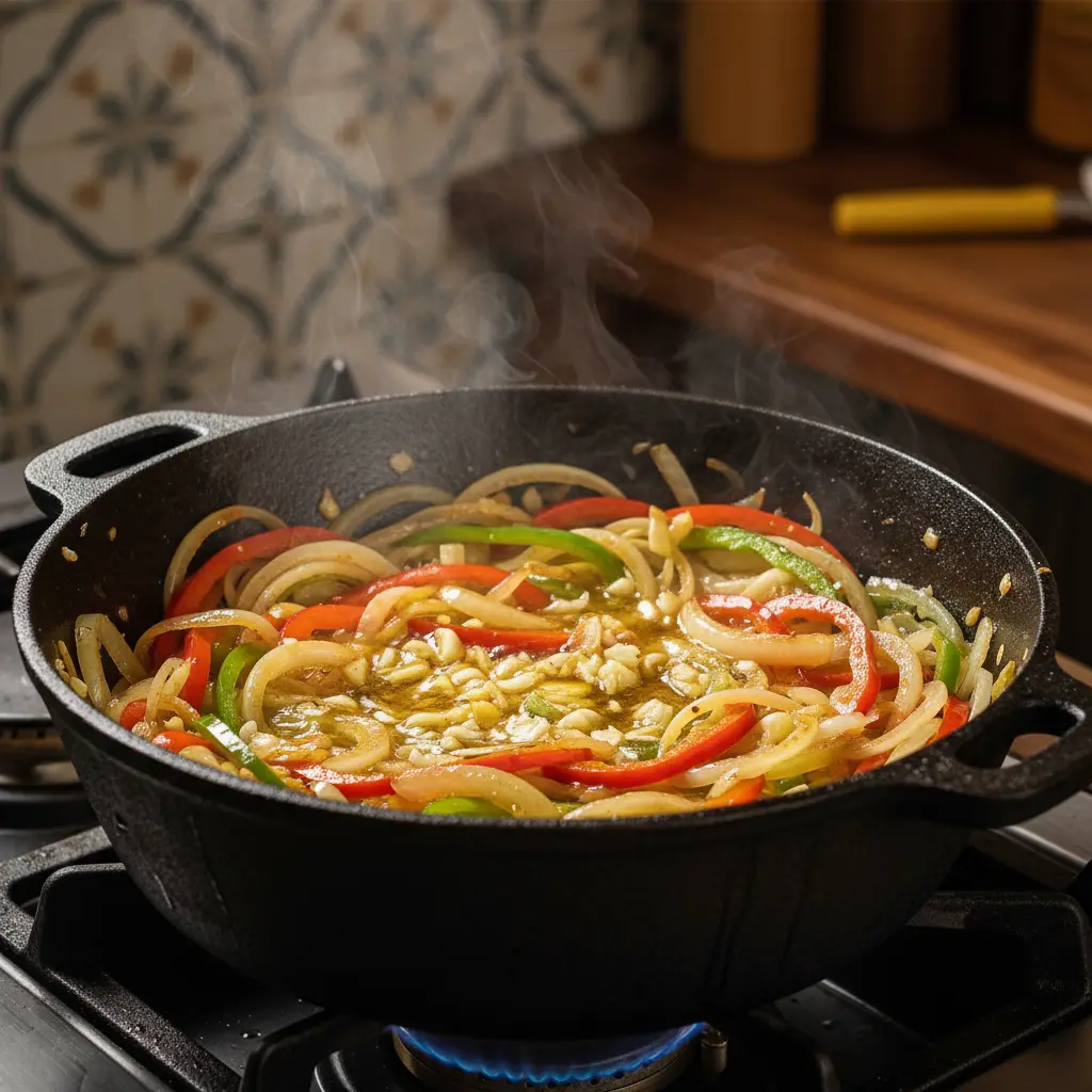 Sofrito cubano: cebolla, pimientos y ajo en caldero Sofrito cubano en caldero: cebolla dorada, pimientos rojos/verdes, ajo fresco. Cocina auténtica.