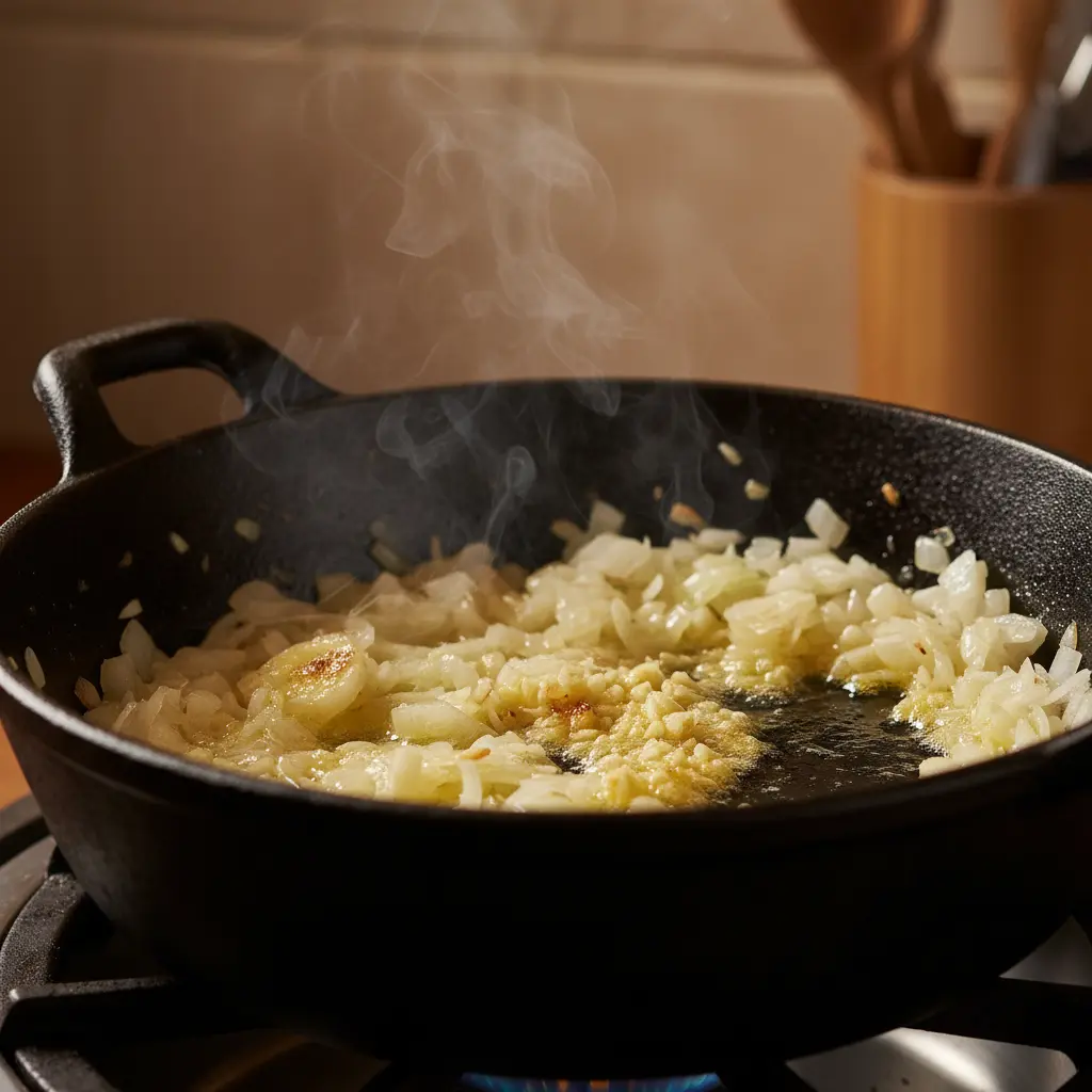 Cebolla blanca y ajo sofritos en caldero cubano con mantequilla derretida.