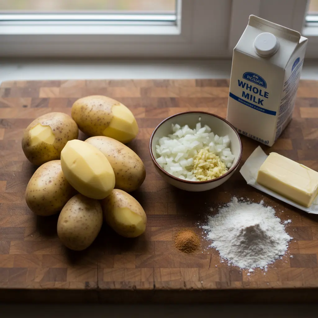 Ingredientes frescos para Papas en Salsa Blanca: papas, cebolla, ajo, leche, mantequilla, harina, nuez moscada.