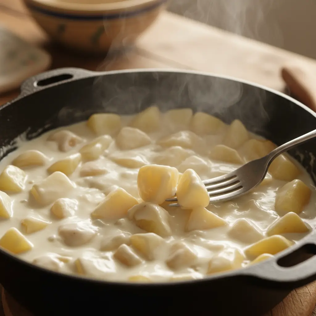Papas cubiertas en salsa cremosa blanca, cocinándose en caldero cubano. Vapor visible.