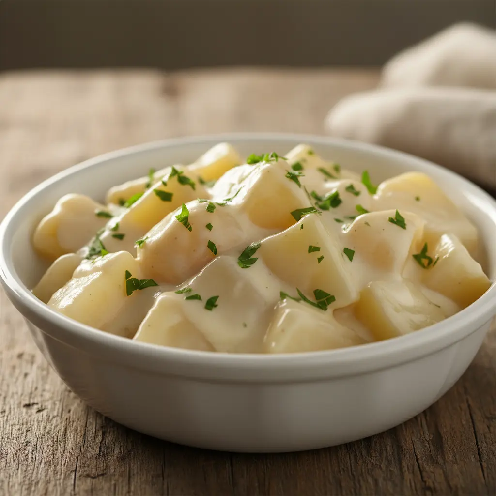 Papas en Salsa Blanca cubanas cremosas con perejil fresco en cuenco blanco.