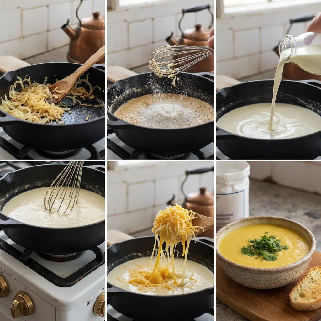 Guía visual: sofrito de cebolla y ajo para sopa de queso cubana.