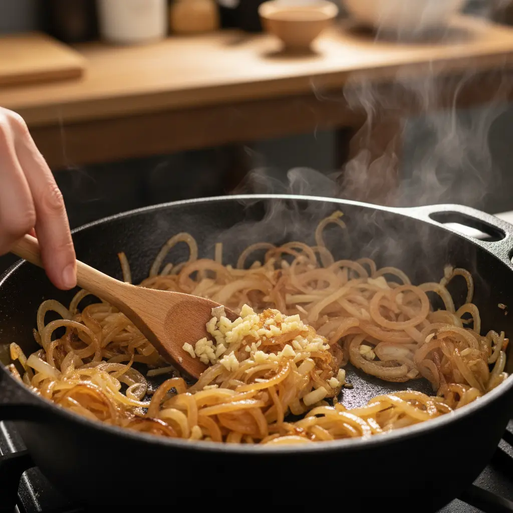 Cebolla y ajo caramelizados en caldero cubano Cebolla amarilla y ajo caramelizando en caldero cubano, vapor subiendo, color ámbar.