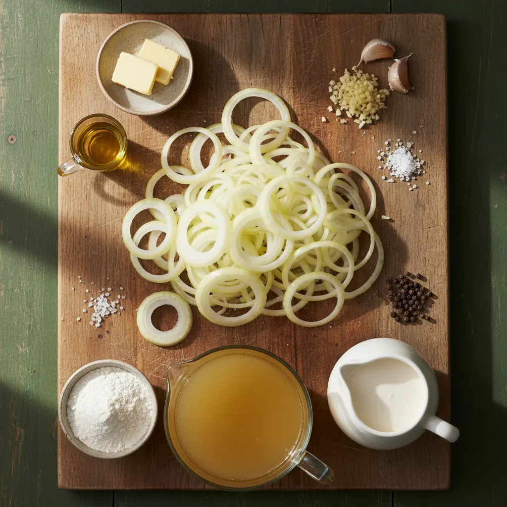 Sopa de cebolla cubana: ingredientes frescos Ingredientes frescos para sopa de cebolla cremosa estilo cubano en tabla de madera.
