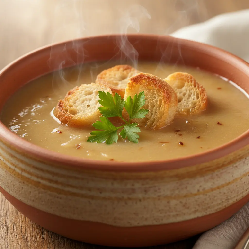 Deliciosa sopa de cebolla cremosa Sopa de cebolla cremosa, dorada y humeante, con picatostes y perejil, en cuenco rústico.