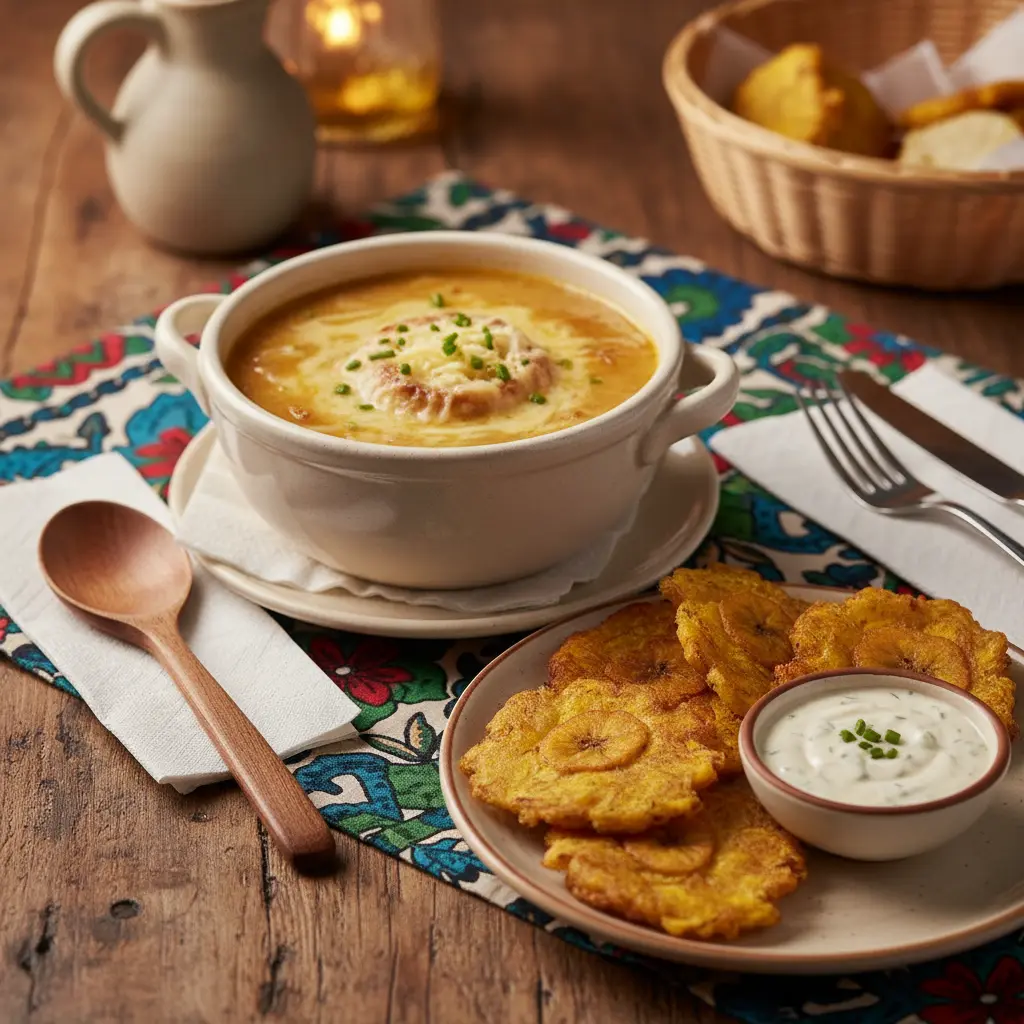 Sopa de cebolla y tostones cubanos Sopa de cebolla cremosa y tostones crujientes de plátano con salsa de ajo.