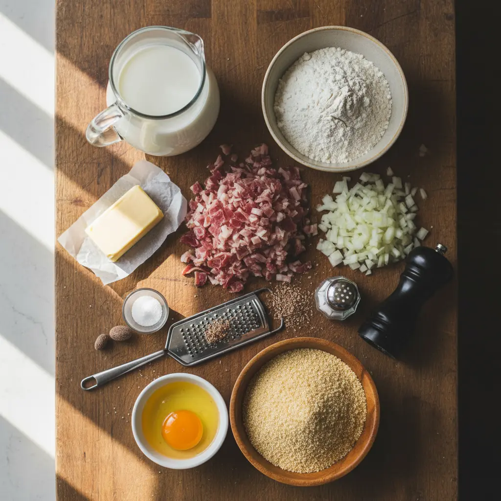 Ingredientes para Croquetas de Jamón Cubanas Ingredientes frescos para croquetas de jamón cubanas: jamón serrano, leche, mantequilla, harina, cebolla, nuez moscada, huevos, panko.