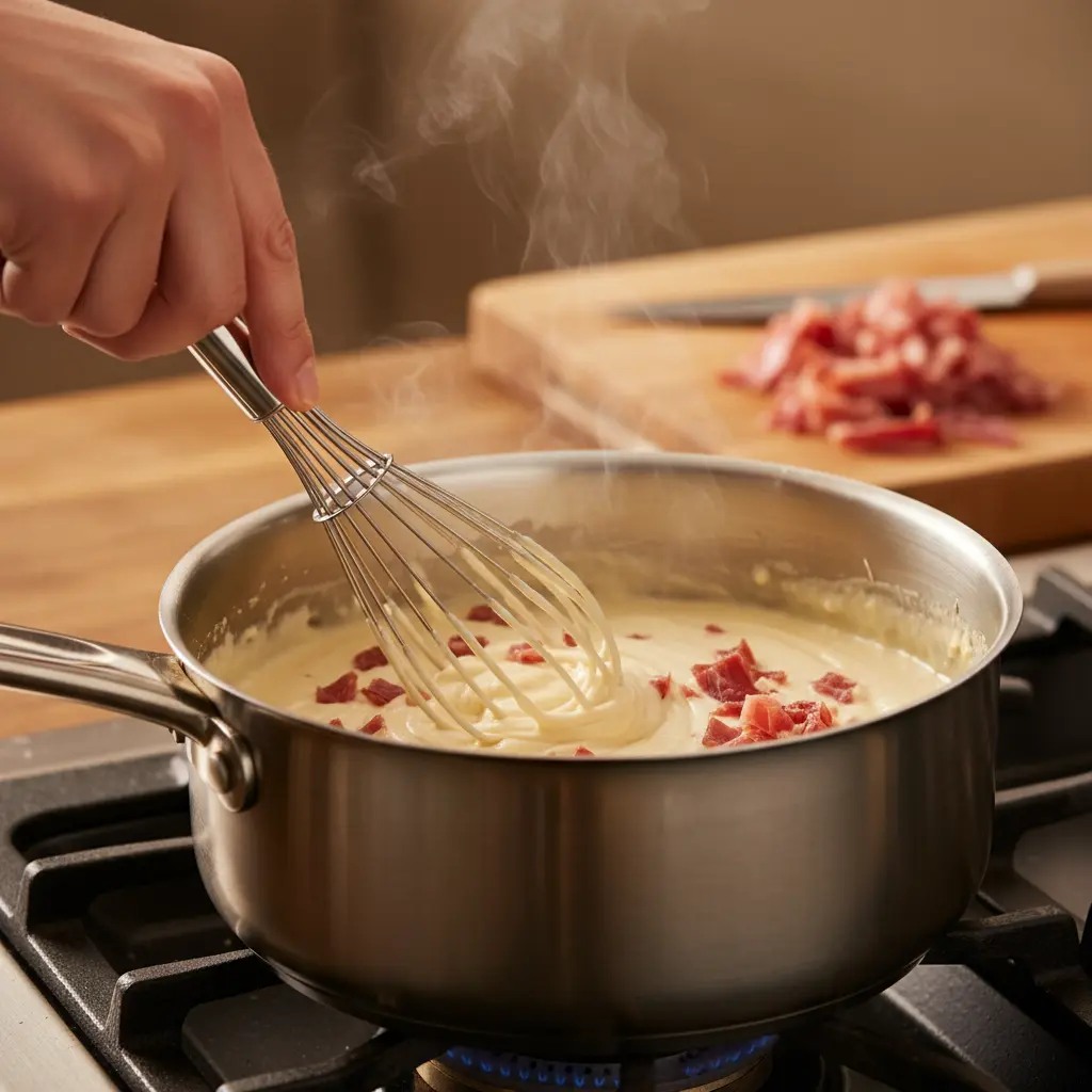 Croquetas cubanas: Bechamel con jamón serrano Mano batiendo bechamel cremosa con jamón serrano para croquetas cubanas.