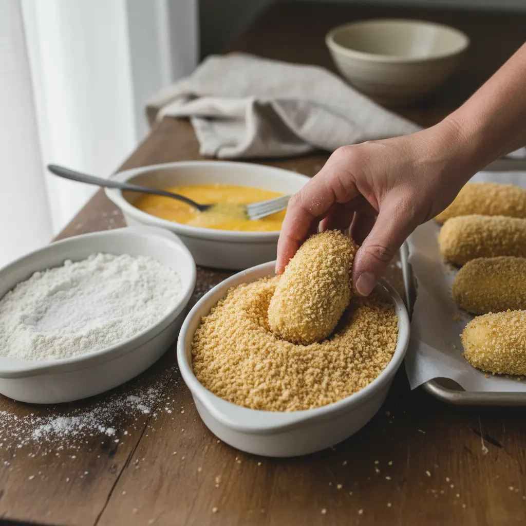 Croquetas de jamón cubanas: paso a paso el empanizado Proceso de empanizado de croquetas de jamón cubanas: harina, huevo y panko.