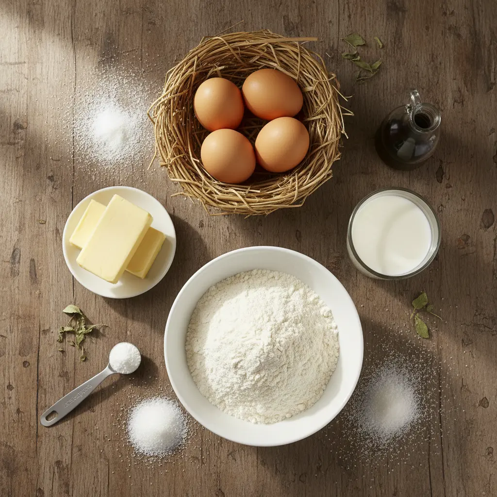 Ingredientes para mantecadas cubanas: harina, azúcar, huevos, mantequilla, leche, levadura, vainilla, sal.