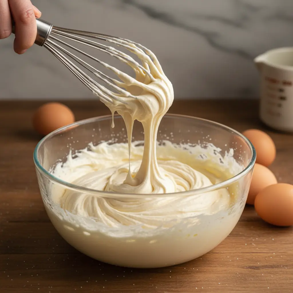 Primer plano de batido cremoso de mantequilla y azúcar en bol, con huevos listos para añadir.