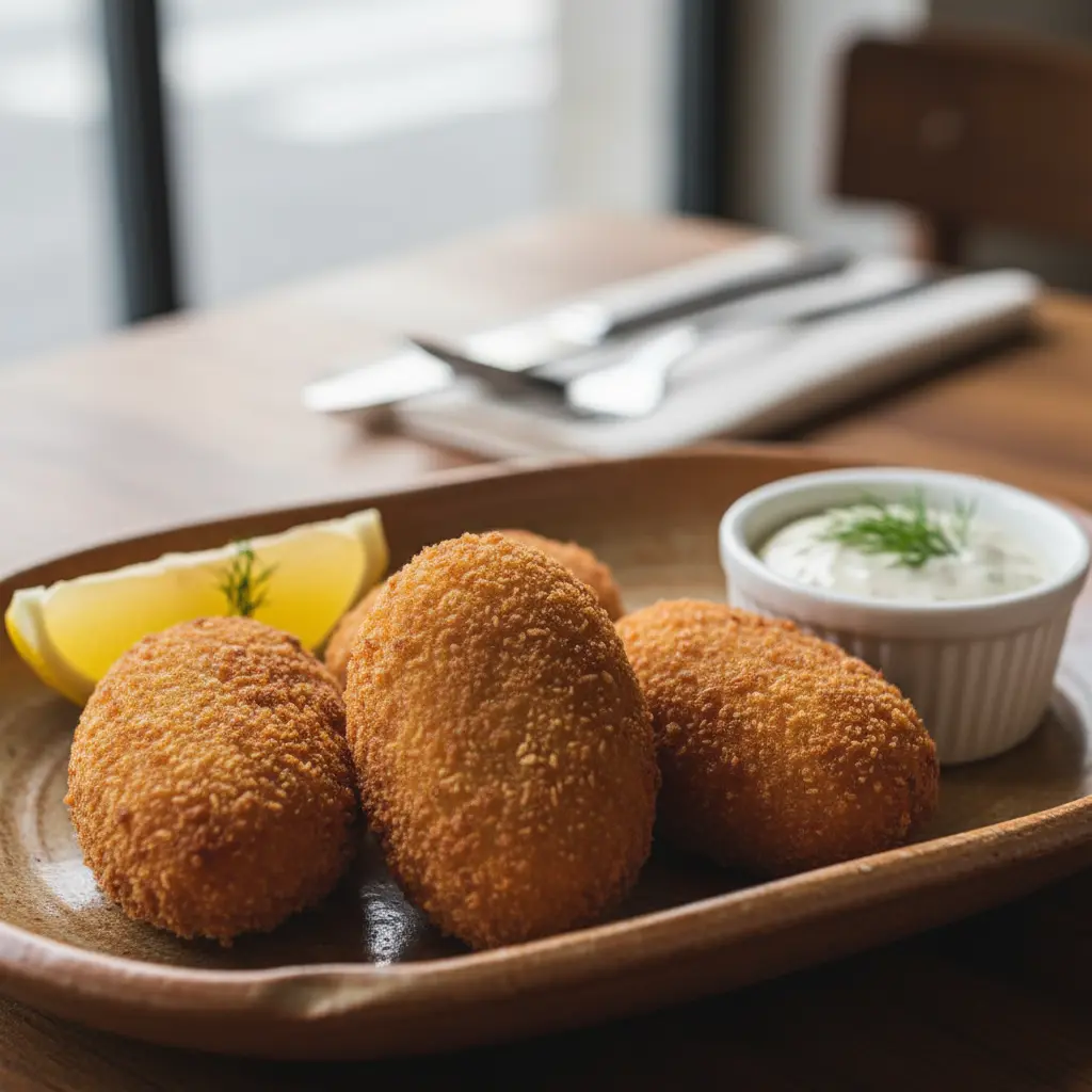 Croquetas de Pescado Cubanas: Sabor y Textura Croquetas de pescado cubanas doradas y crujientes, con tártara y limón.