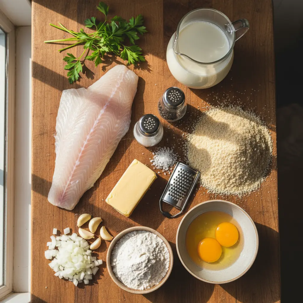 Ingredientes para croquetas de pescado cubanas Ingredientes frescos para croquetas de pescado cubanas: pescado, cebolla, ajo, mantequilla, leche, perejil, huevos.