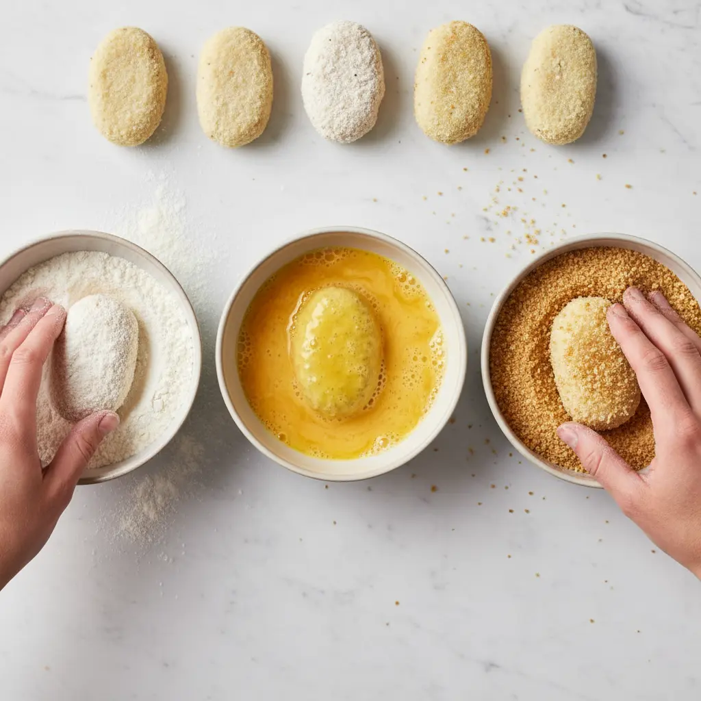 Empanado de croquetas de pescado paso a paso Proceso de empanado de croquetas de pescado: harina, huevo y pan rallado.
