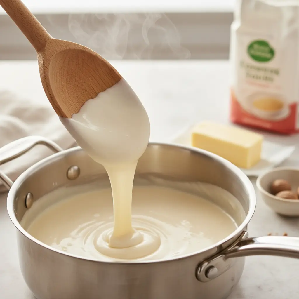 Preparación de salsa bechamel cremosa Salsa bechamel blanca espesa y sedosa en cacerola, con cuchara de madera mostrando su textura cremosa.