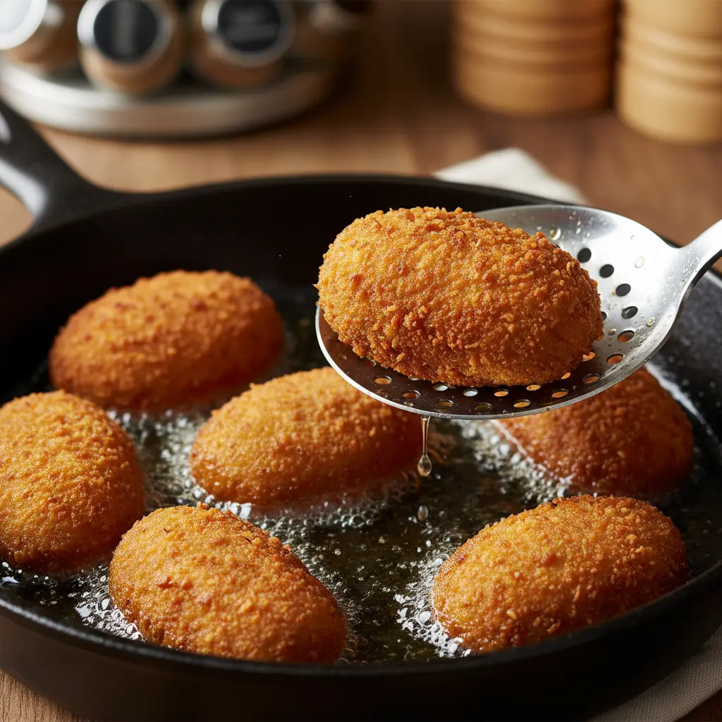 Croquetas cubanas doradas friéndose en aceite caliente, crujientes y listas.