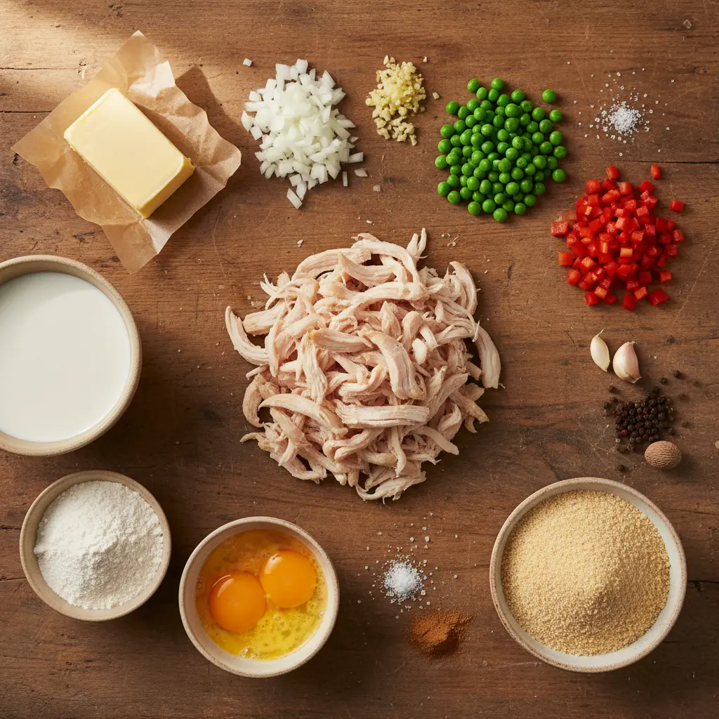 Ingredientes crudos para croquetas de pollo cubanas: pollo deshebrado, cebolla, ajo, guisantes, pimiento rojo, leche, harina, mantequilla, especias, pan rallado, huevos.