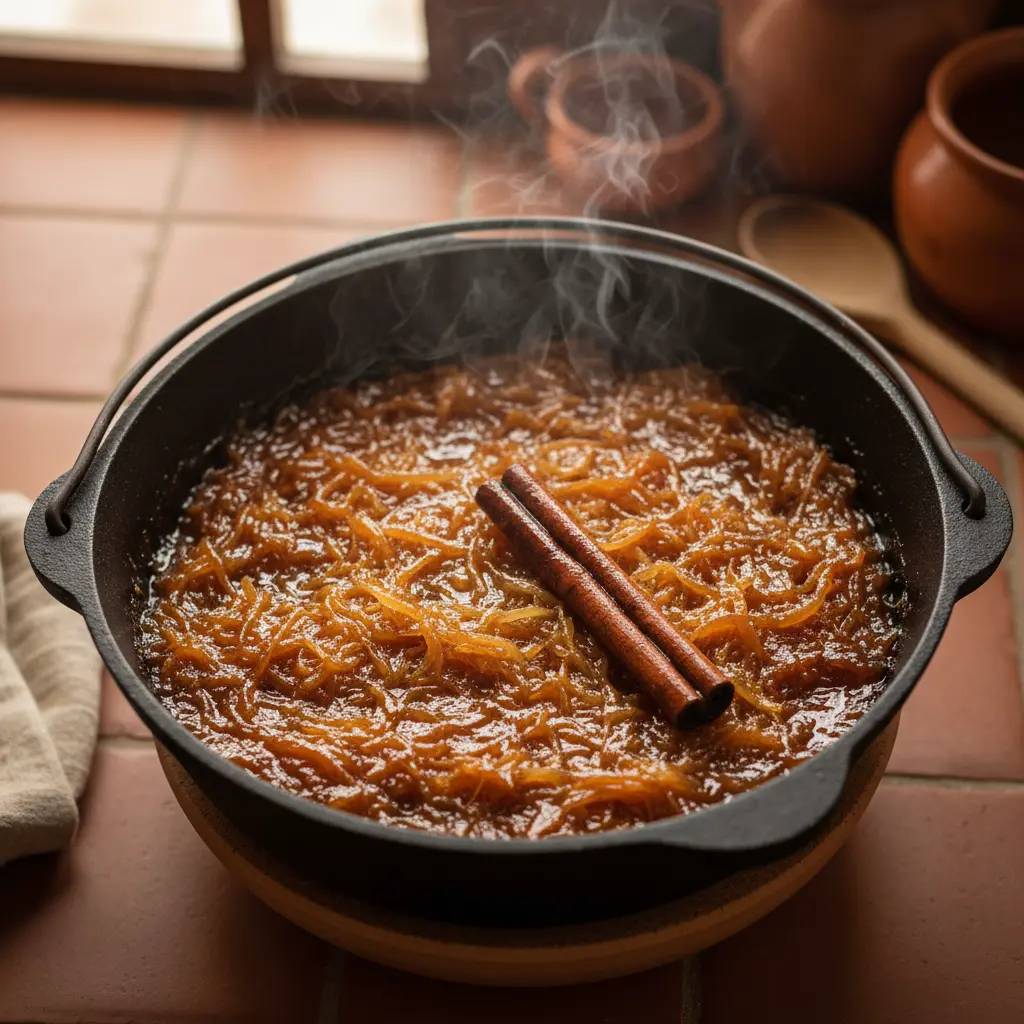 Coco en almíbar cubano: Dulce tradicional Coco en almíbar cubano en caldero, con canela, luz suave y vapor.