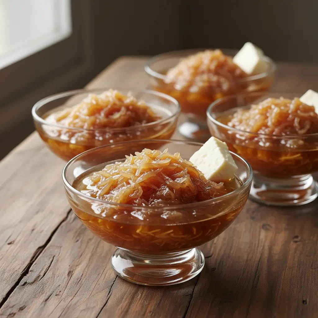 Dulce de coco cubano tradicional Dulce de coco cubano en almíbar con queso, servido en cuencos de vidrio.