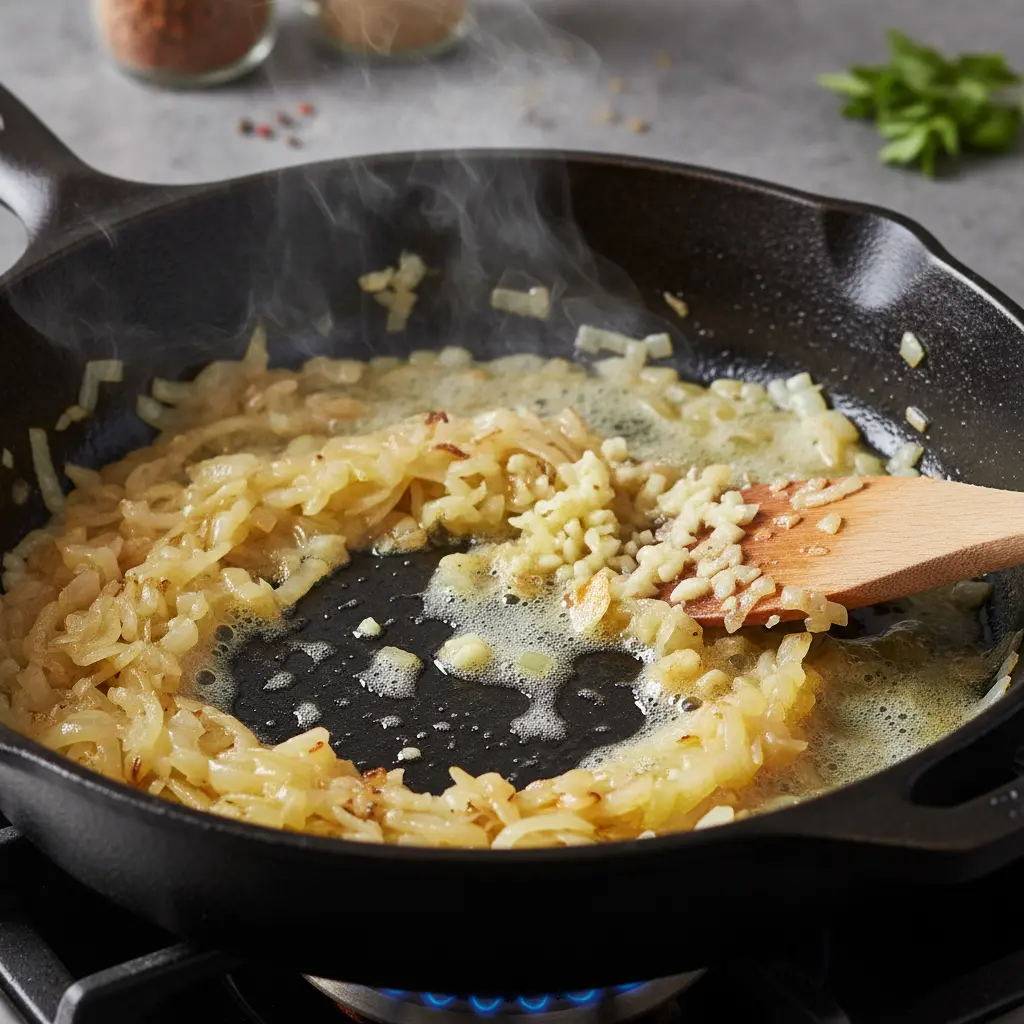 Cebolla amarilla y ajo picados dorándose en sartén con mantequilla derretida.