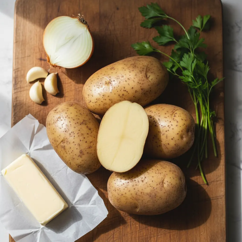 Ingredientes crudos para puré de papas cubano: papas, cebolla, ajo, perejil, mantequilla.