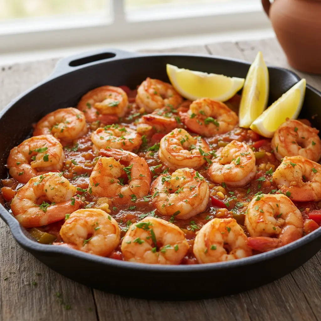 Camarones al ajillo cubanos en sartén rústica con perejil fresco y limón.