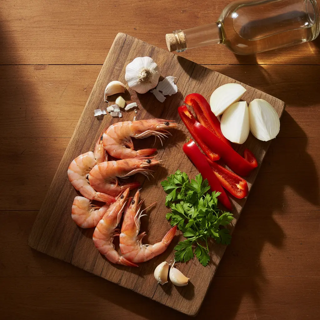 Gambas crudas frescas con ajo, cebolla, pimiento rojo y perejil en tabla de madera.