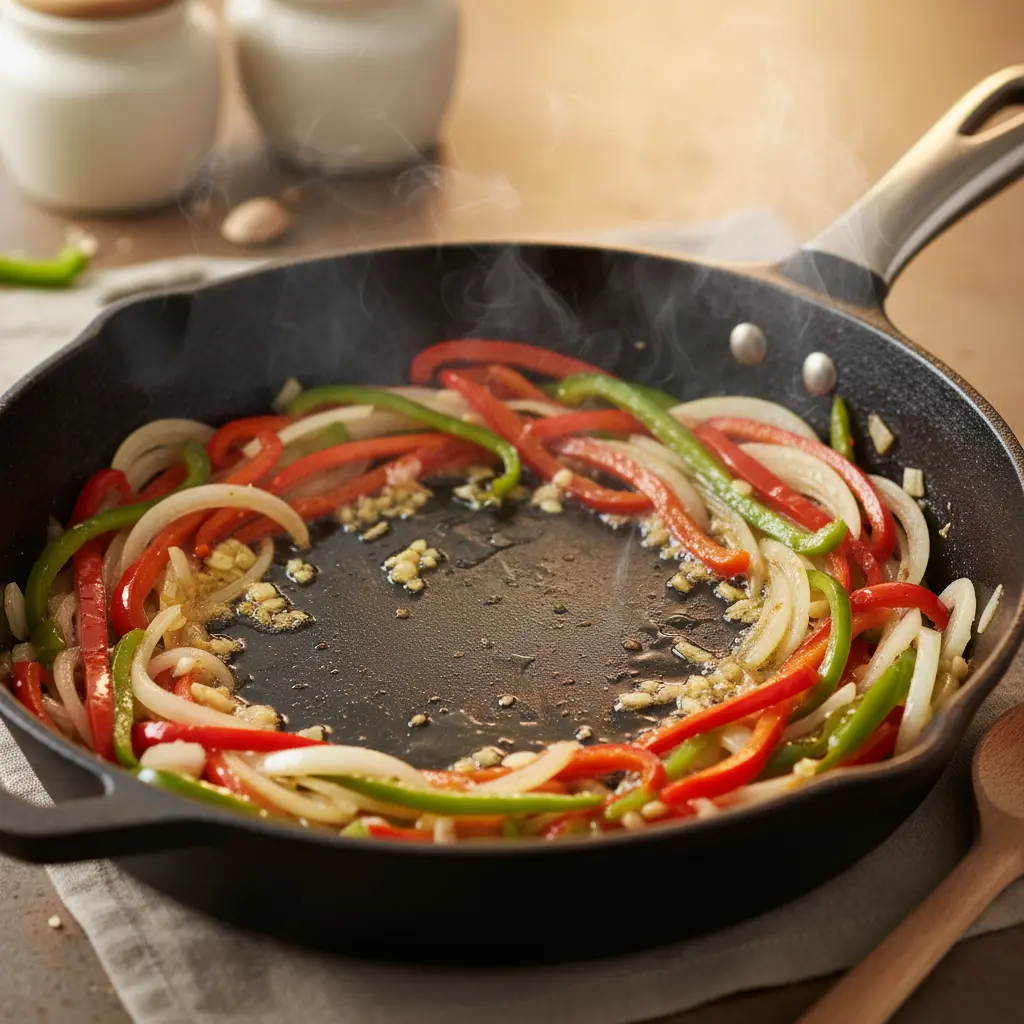 Sofrito vibrante de ajo, cebolla y pimientos en sartén con aceite de oliva.
