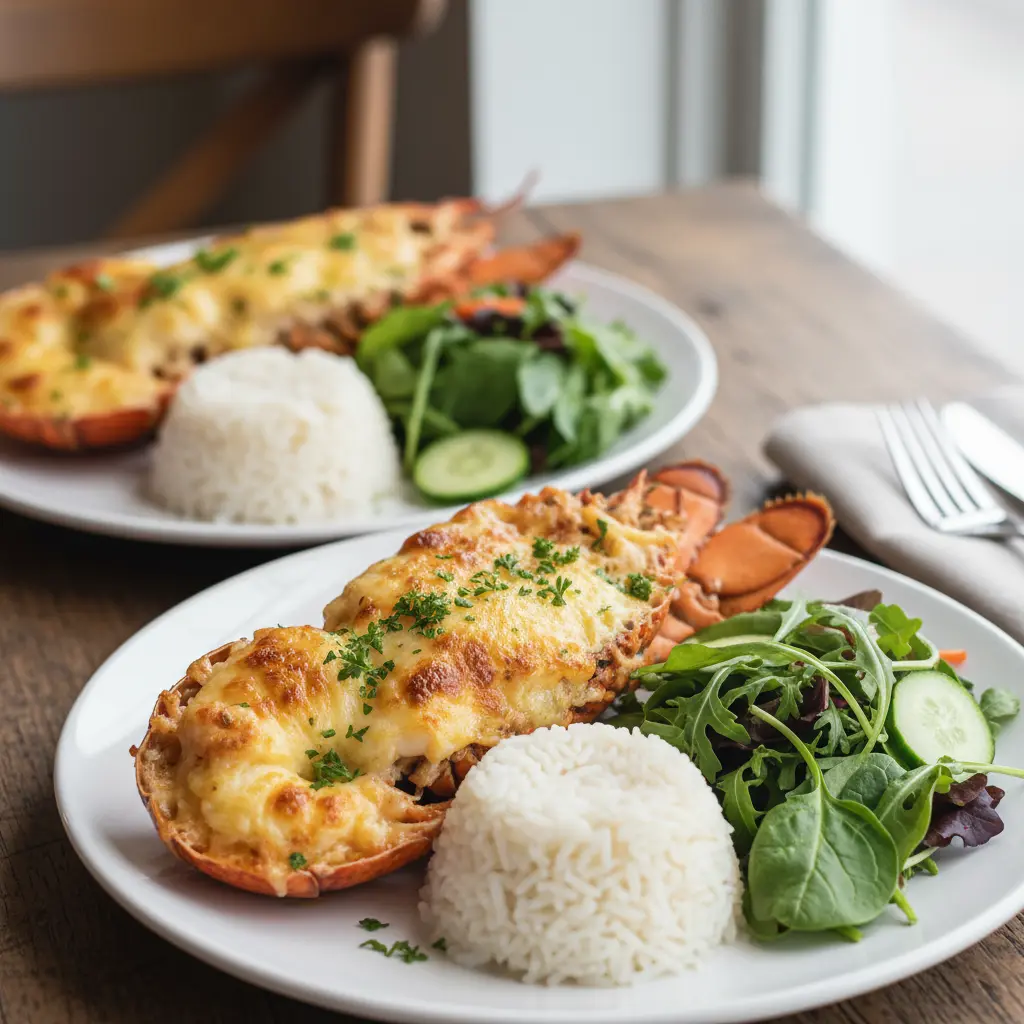 Langosta Thermidor dorada con queso fundido y perejil fresco, servida con arroz blanco y ensalada verde.