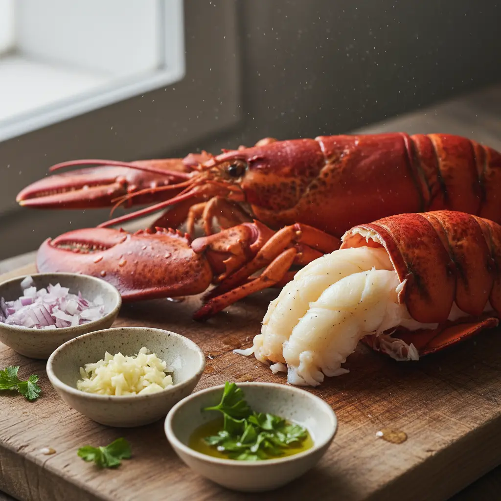 Lobster fresco en tabla de madera, carne visible, con chalotas, ajo y perejil.