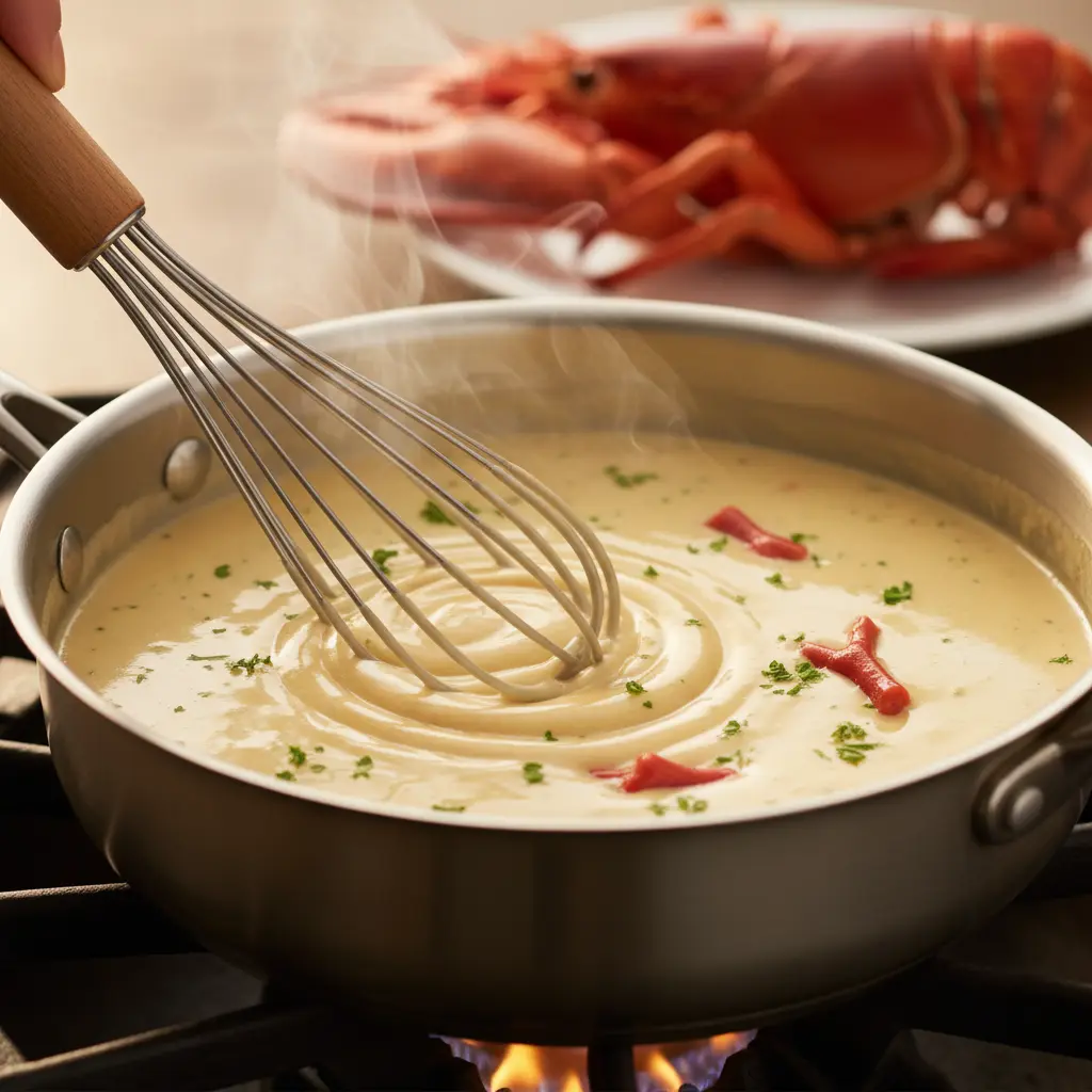 Salsa cremosa dorada con perejil y coral en cacerola, lista para langosta.