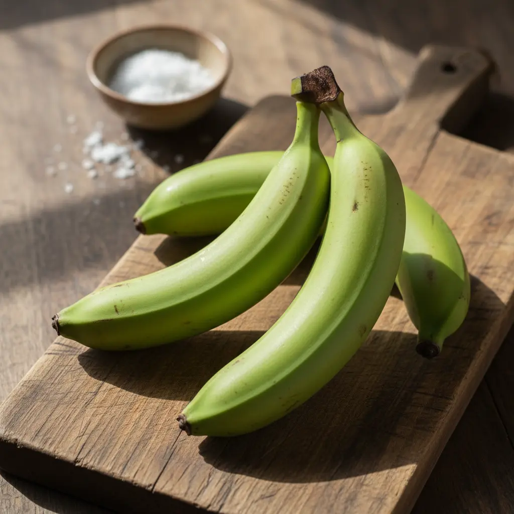 Plátanos verdes frescos sobre tabla de madera rústica, sal marina al lado, para tostones cubanos.
