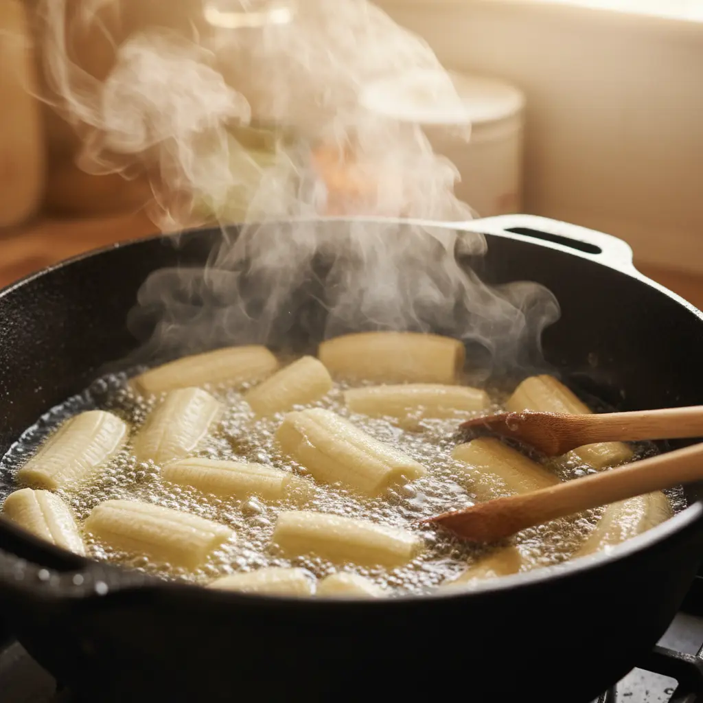 Plátanos verdes gruesos friéndose en aceite dorado en caldero cubano, cocina casera.