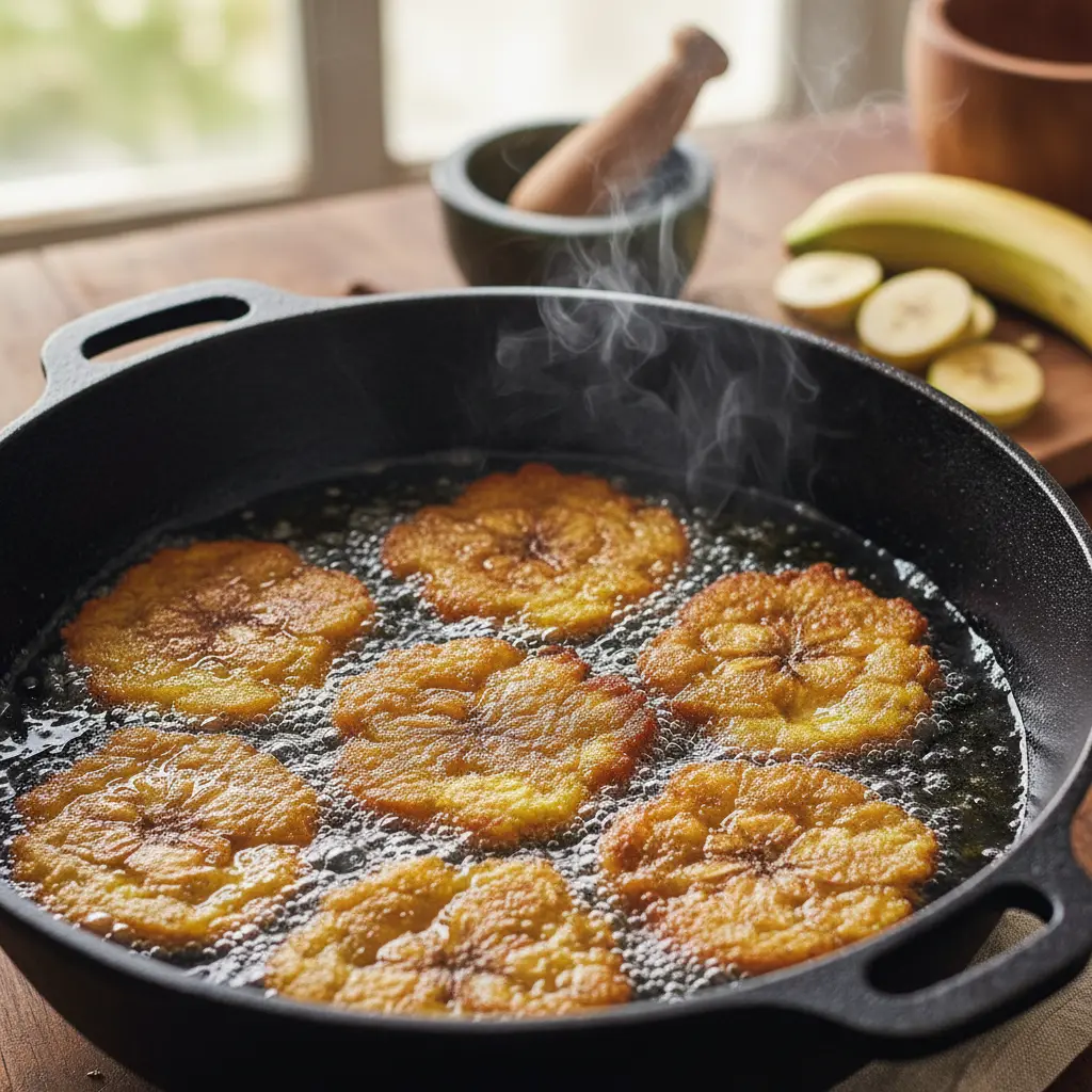 Tostones dorados y crujientes friéndose en aceite hirviendo en un caldero.