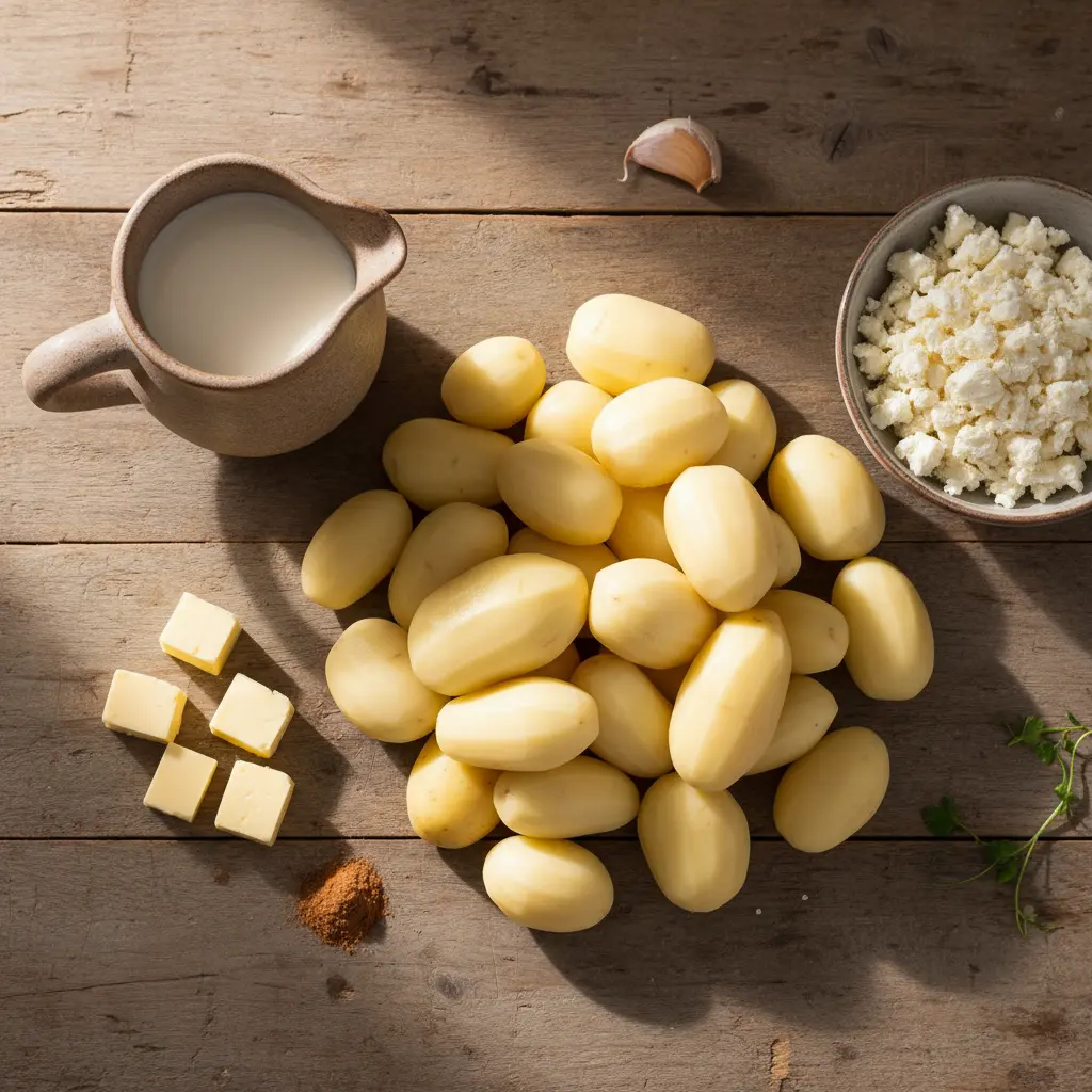 Ingredientes para puré cubano: papas, queso blanco, leche, mantequilla, ajo y nuez moscada.