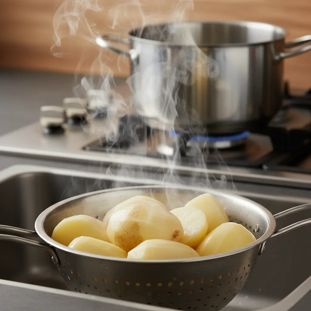 Papas blancas hervidas y escurriendo en colador, vapor ascendente. Fondo cocina.