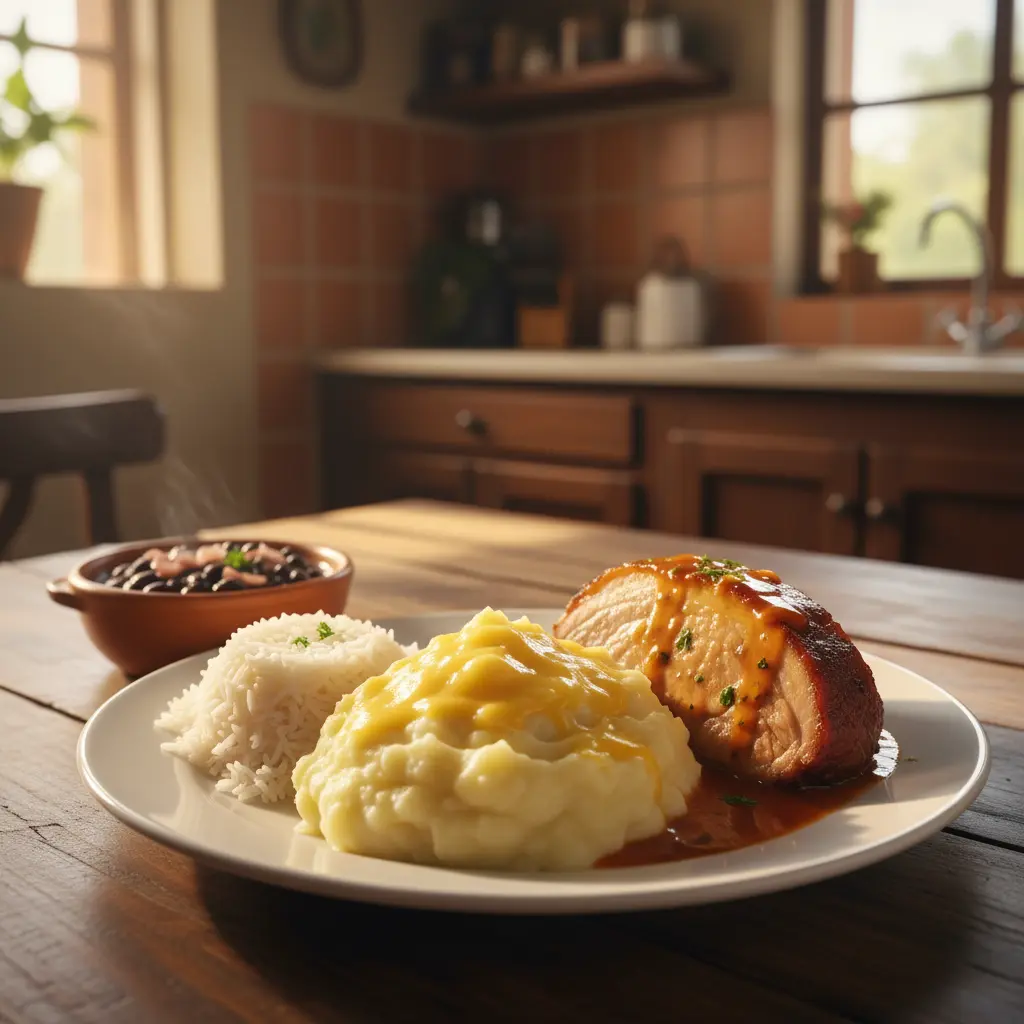 Plato cubano: puré cremoso con queso, cerdo asado, arroz blanco y frijoles negros.