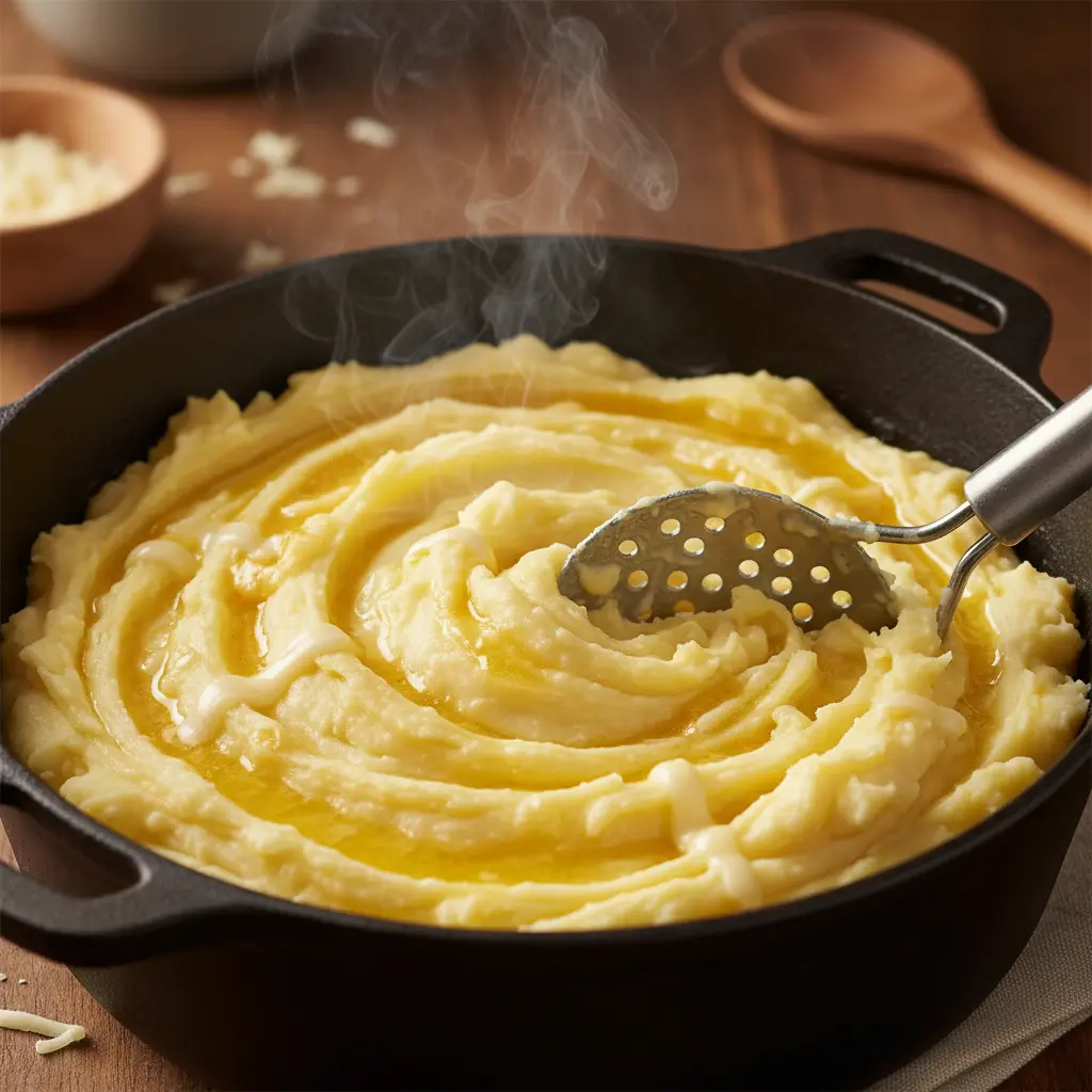 Puré de papas cremoso con mantequilla y queso en caldero cubano. Textura suave.