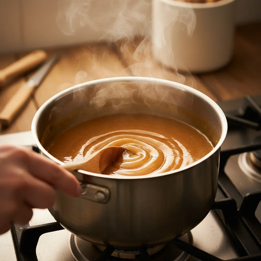 Caramelo dorado en olla, proceso de flan de mango, cocina cálida.