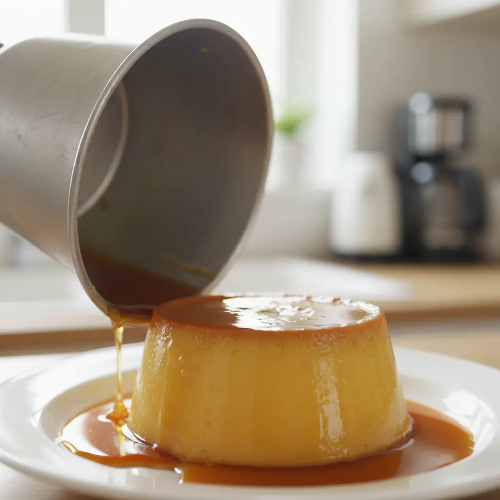 Flan de mango dorado y liso cayendo de su molde a plato blanco, con caramelo ámbar.