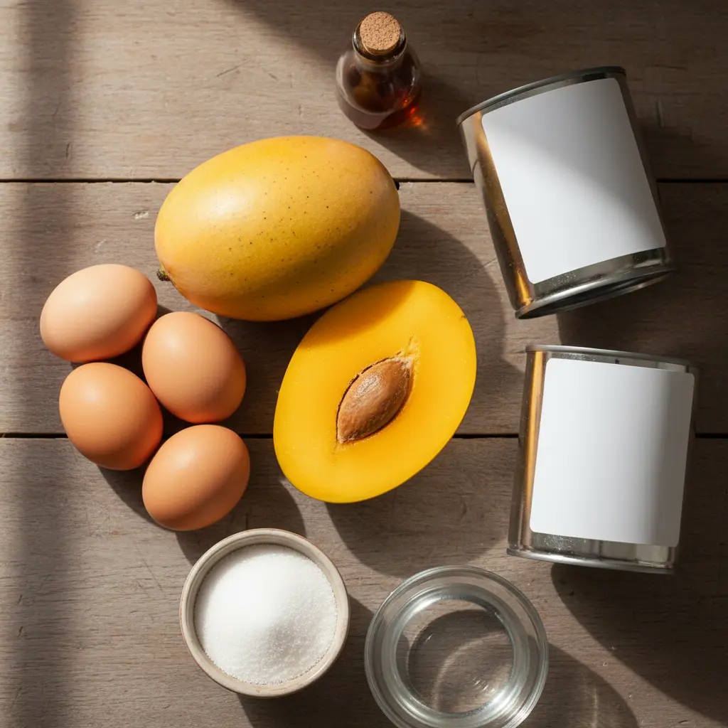 Ingredientes frescos para flan de mango cubano: mangos, leche, huevos, vainilla, azúcar y agua.