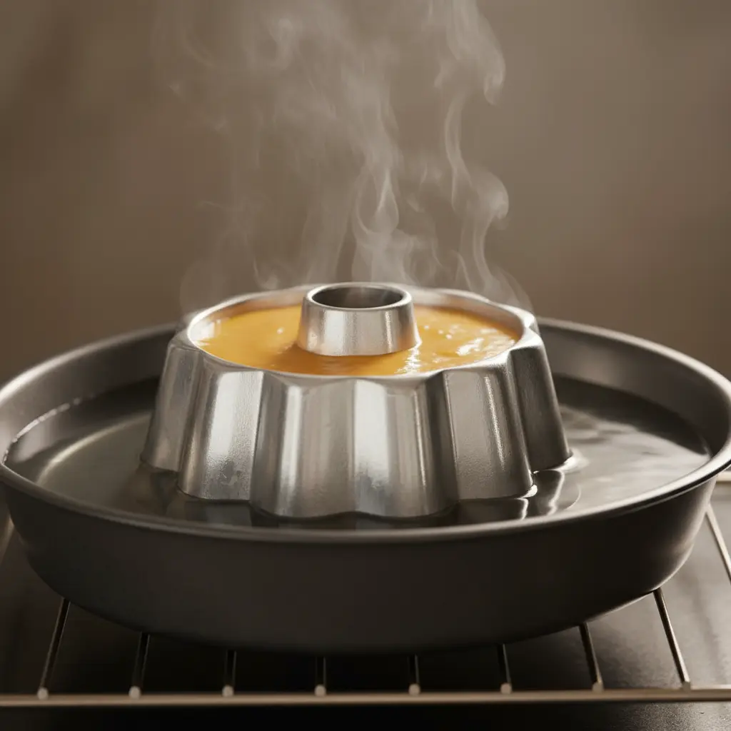 Molde de flan de mango en baño María, listo para hornear.